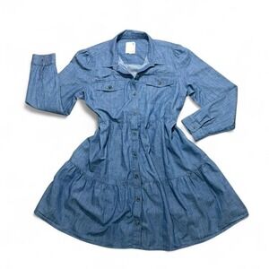 SO 100% cotton Blue Chambray Tiered Shirt Dress Long Sleeve Button Front dress